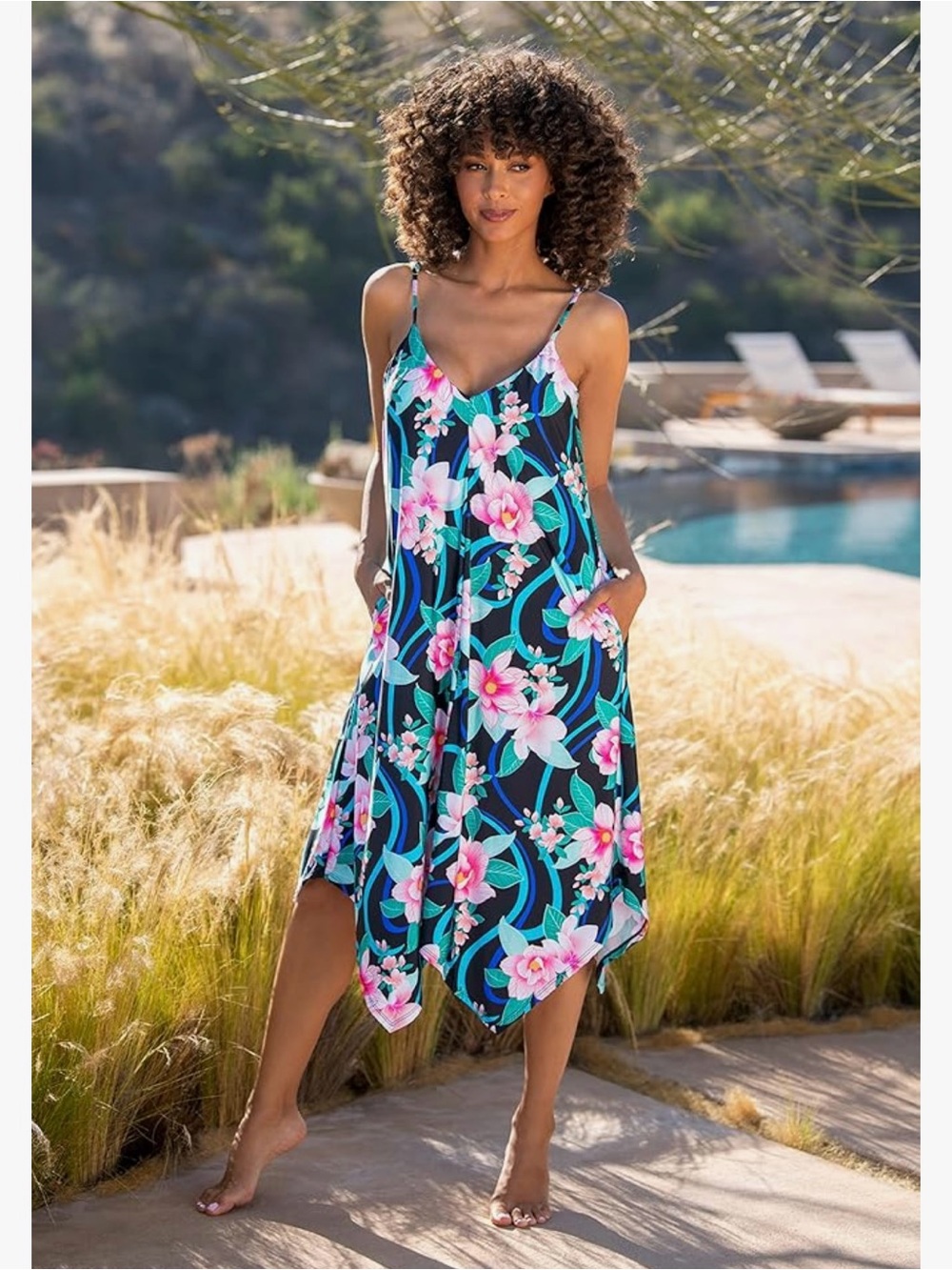 La Blanca Nightfall Blooms Scarf Hem Cover-Up Dress - EUC